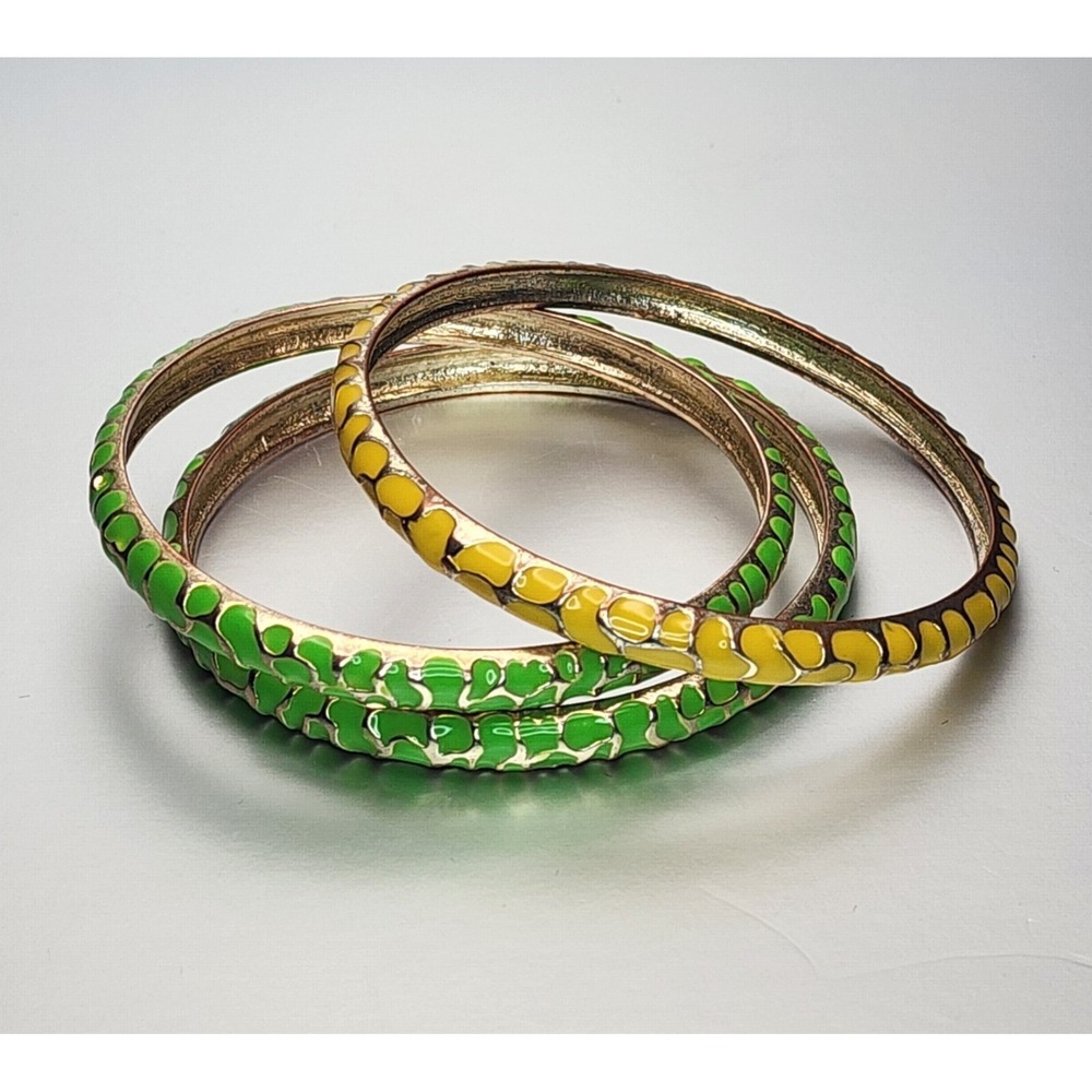 Vintage 1970s Bangle Bracelets Animal Print Yellow Green Enamel Gold Tone 8"